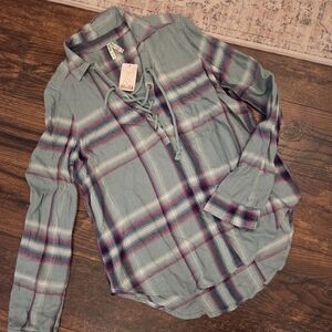 MUDD Women's Plaid Lace-Up Top